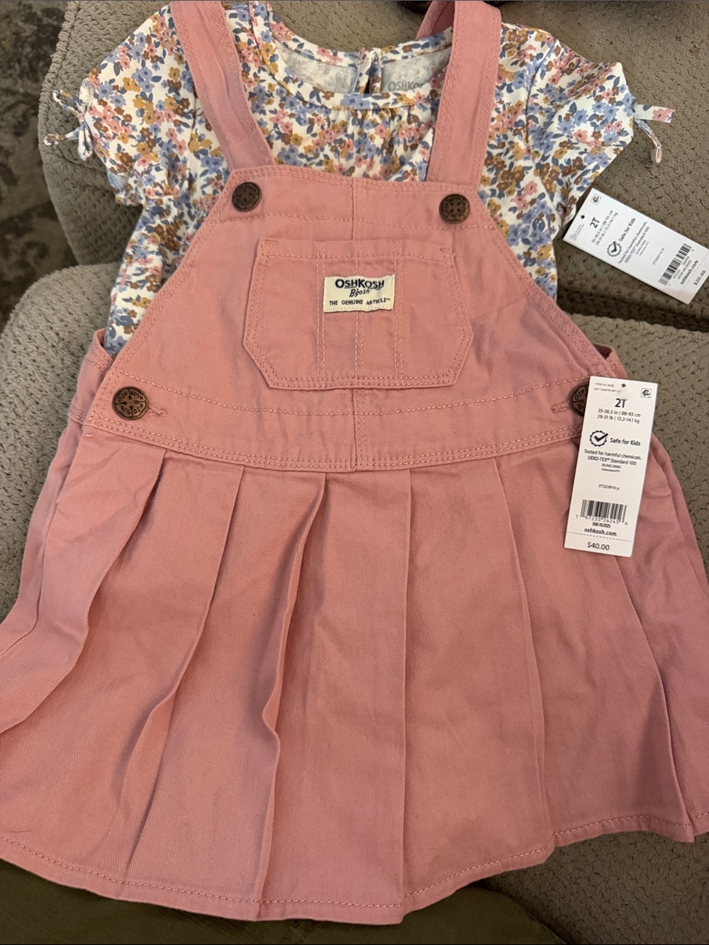 OshKosh B'gosh Pink Pinafore Overall Dress with Floral Tee